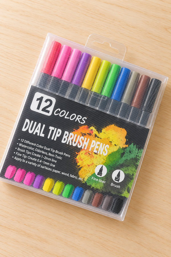 Water-Based Markers – Set of 12, single package on light wood