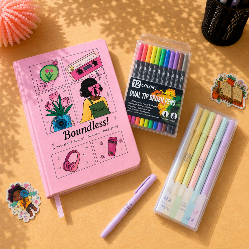 Creative Journaling Set with pink Boundless journal and Water-Based Markers Set of 12